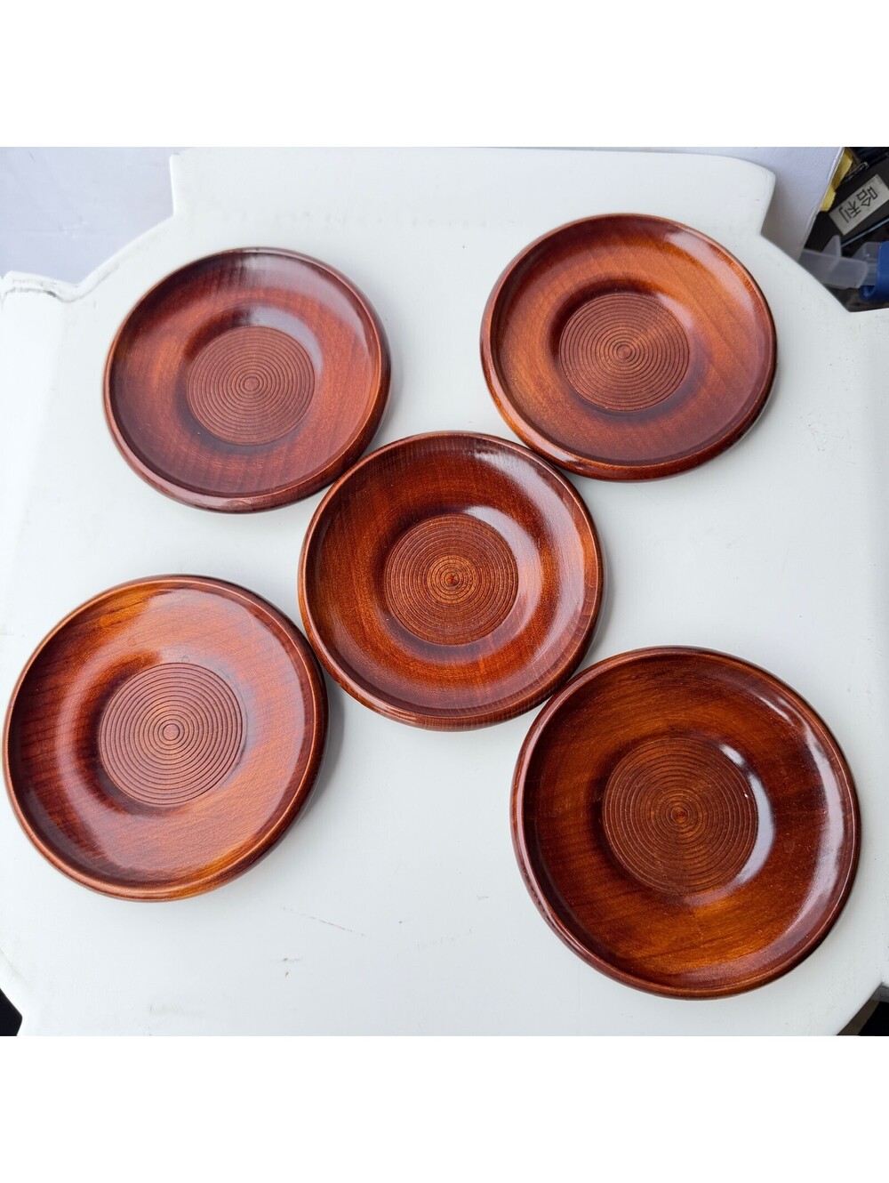 Set of 5 Vintage Style Wooden Coasters Saucers Concentric Circle Design B-11